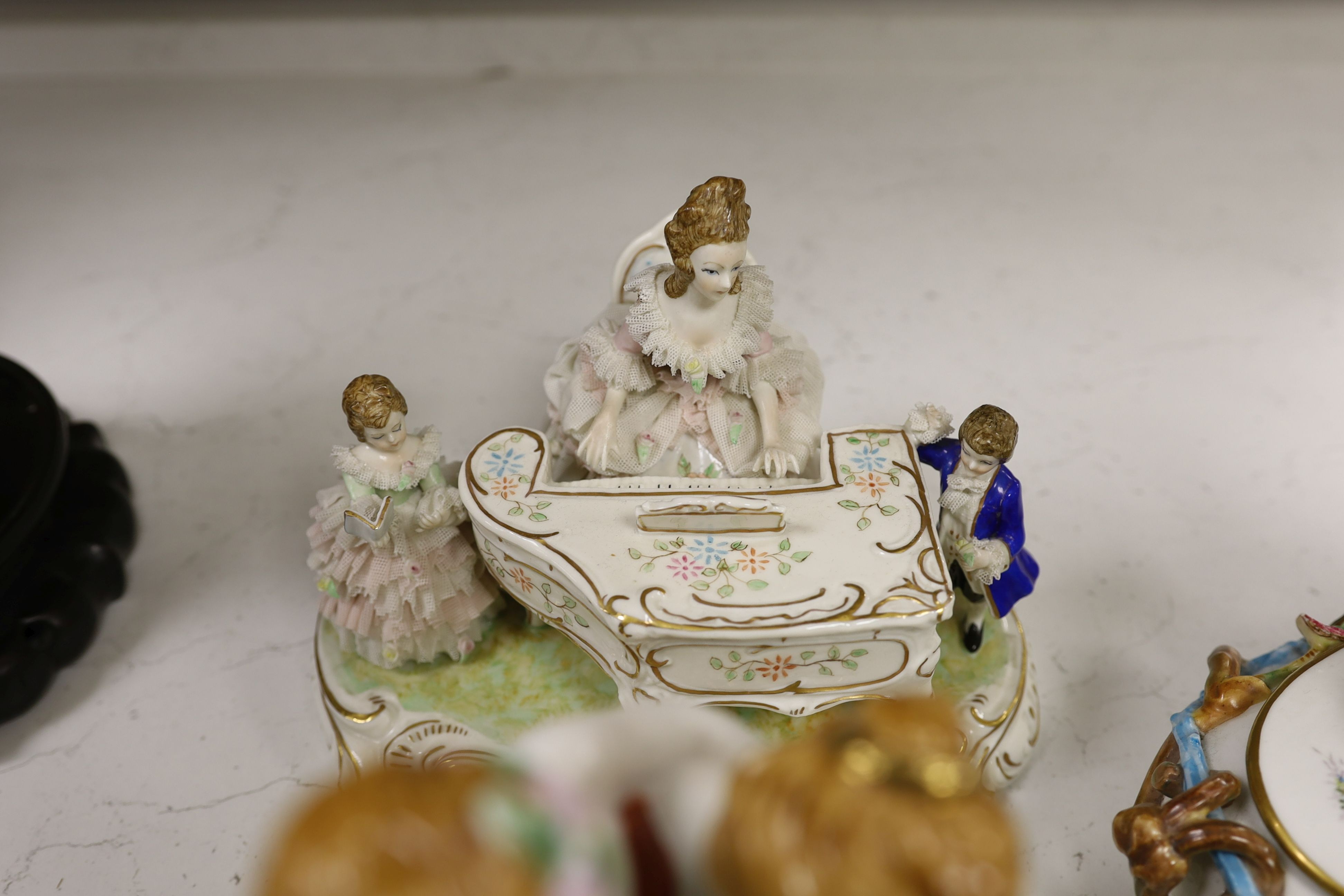 A John Bevington figural bowl, and four Continental porcelain groups and a Staffordshire style group, tallest 27cm